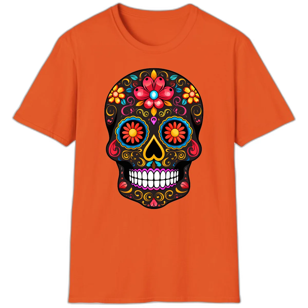 Vibrant Floral Sugar Skull Calavera Art T-Shirt in Orange
