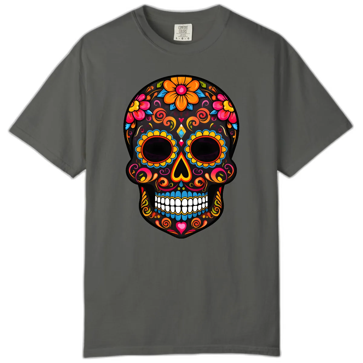 Intricate Folk Art Sugar Skull with Vibrant Flowers Comfort Color in Pepper