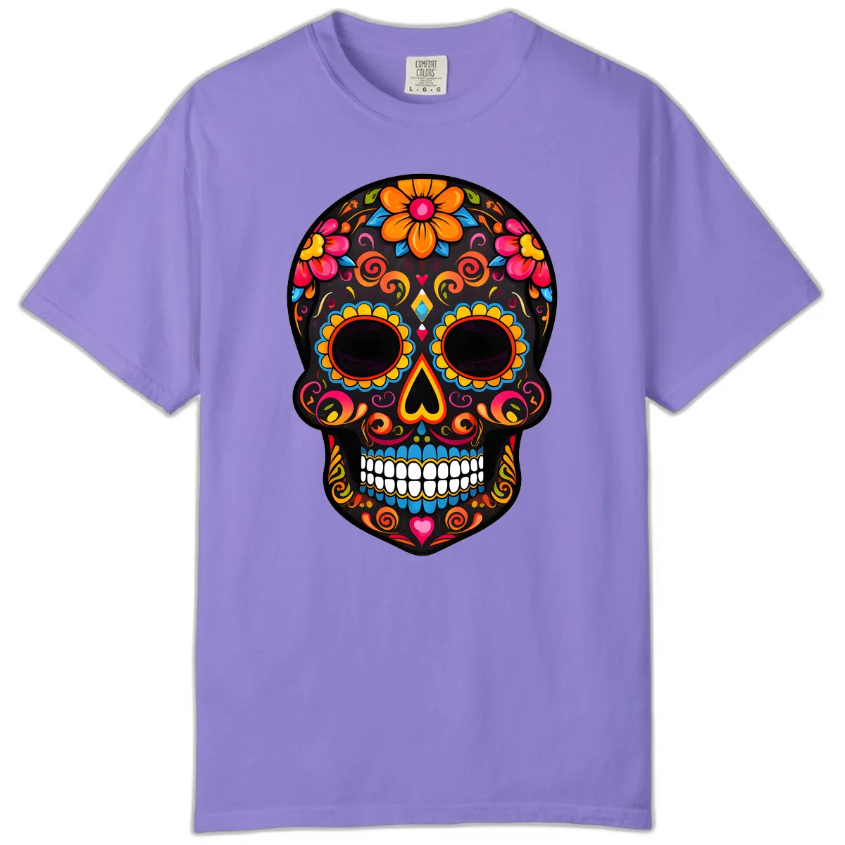 Intricate Folk Art Sugar Skull with Vibrant Flowers Comfort Color in Violet