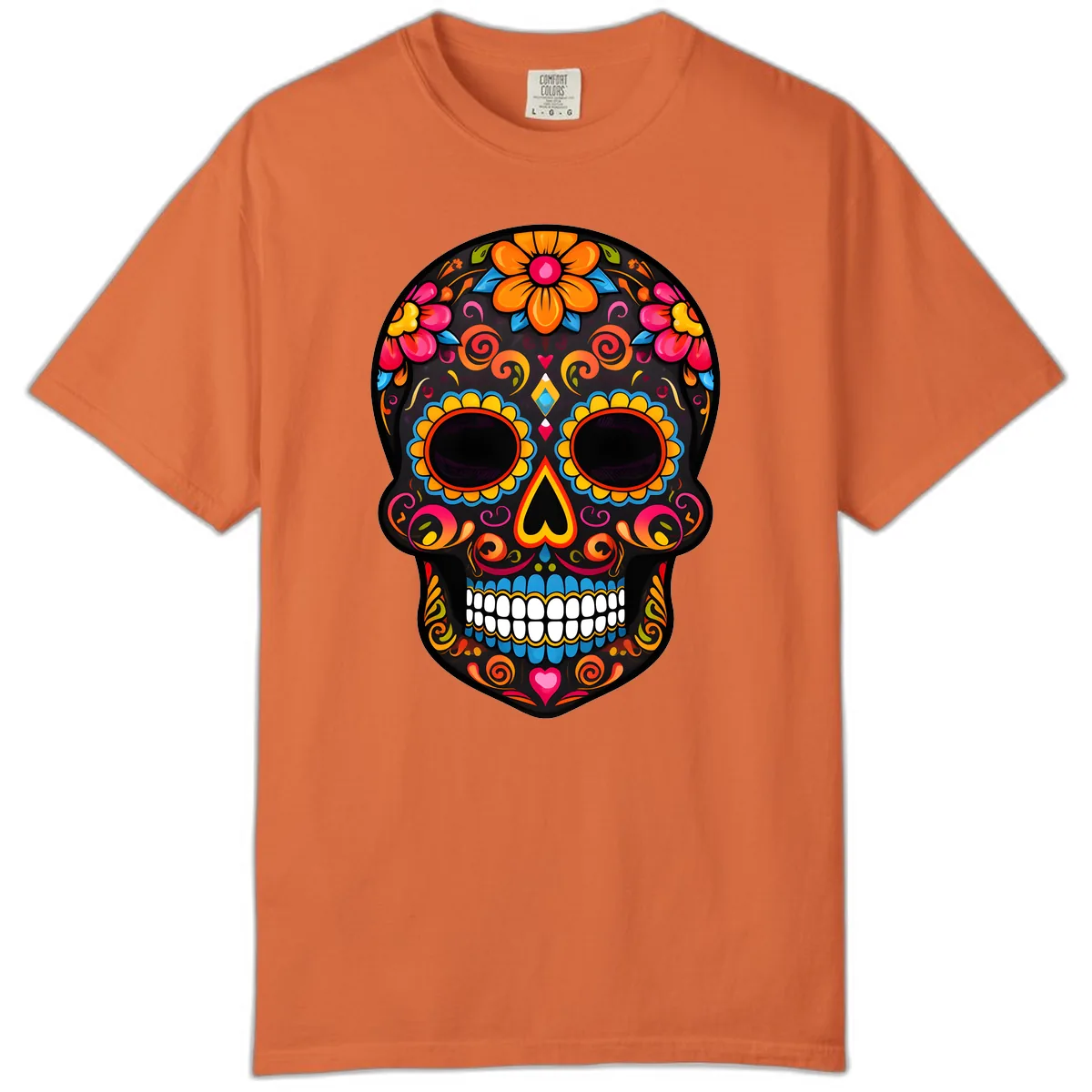 Intricate Folk Art Sugar Skull with Vibrant Flowers Comfort Color in Burnt Orange