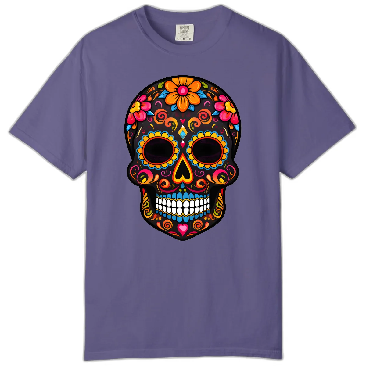 Intricate Folk Art Sugar Skull with Vibrant Flowers Comfort Color in Grape