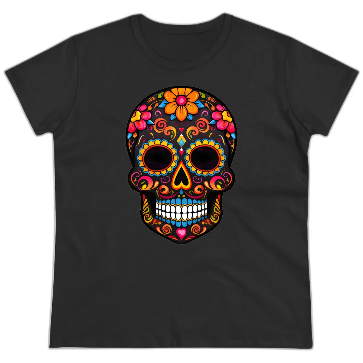 Intricate Folk Art Sugar Skull with Vibrant Flowers Ladies Tee in Black