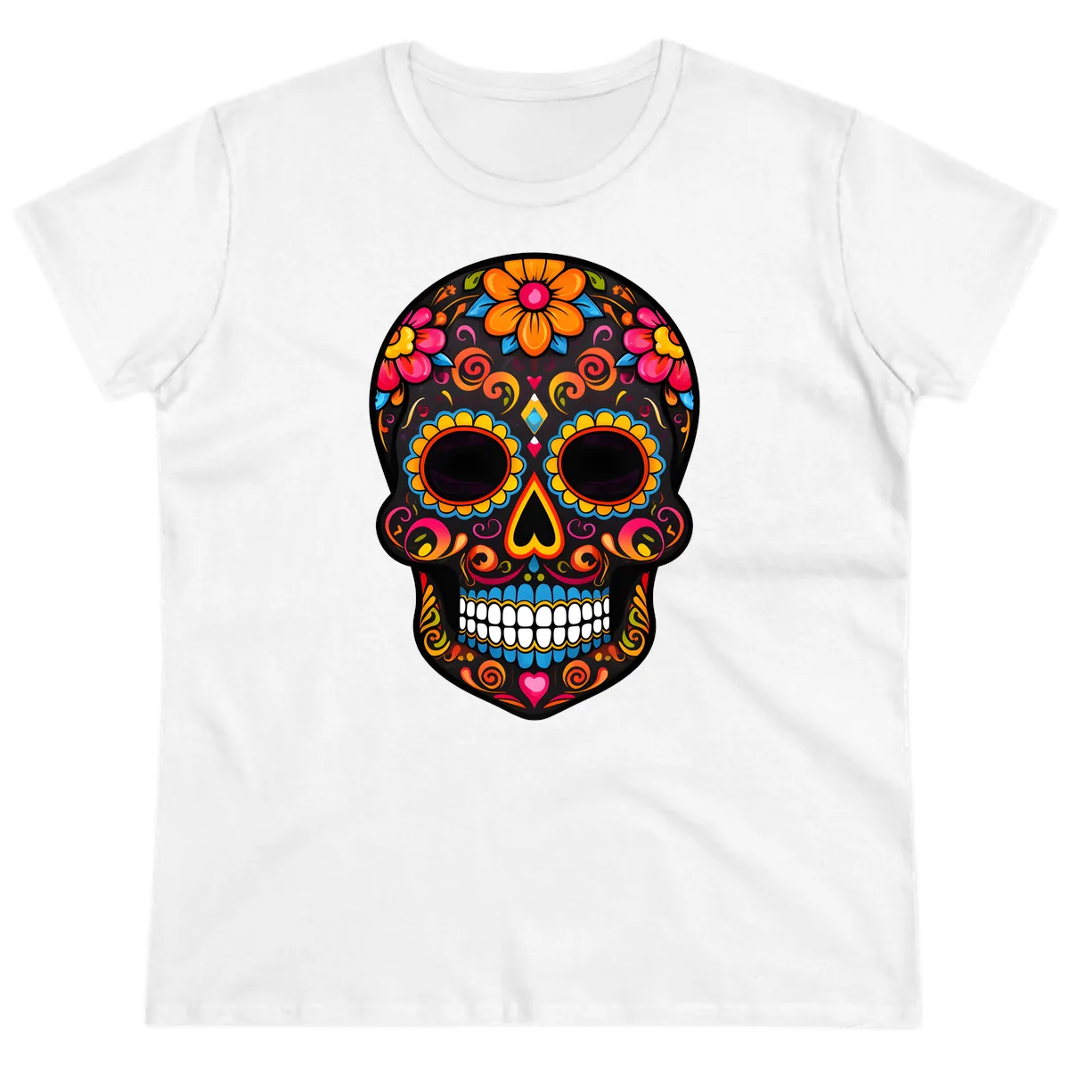 Intricate Folk Art Sugar Skull with Vibrant Flowers Ladies Tee in White