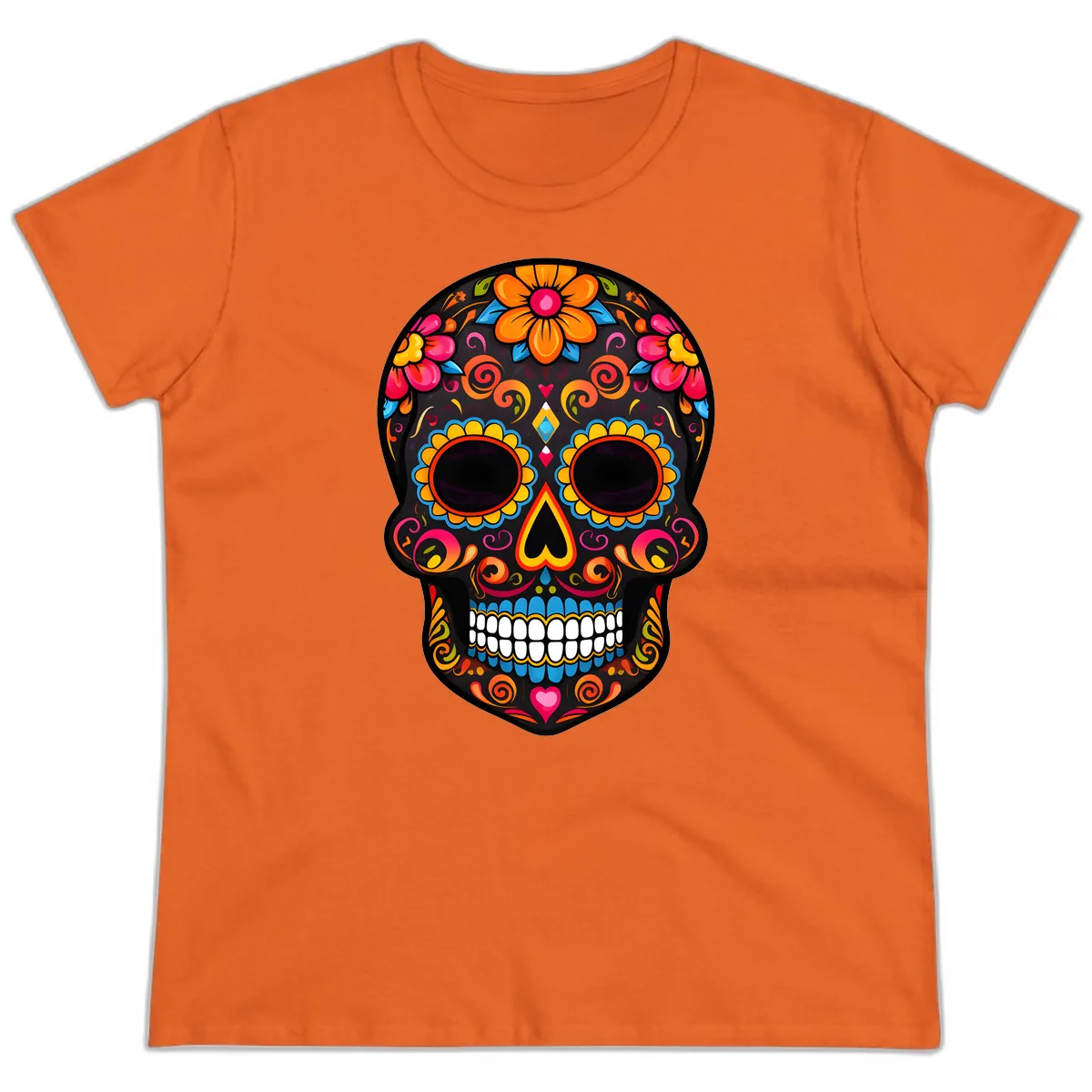 Intricate Folk Art Sugar Skull with Vibrant Flowers Ladies Tee in Orange