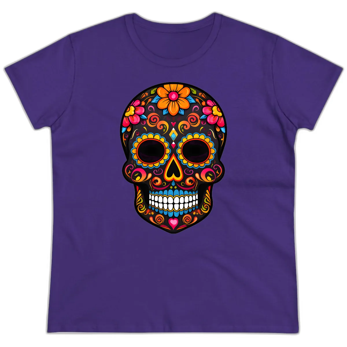 Intricate Folk Art Sugar Skull with Vibrant Flowers Ladies Tee in Purple