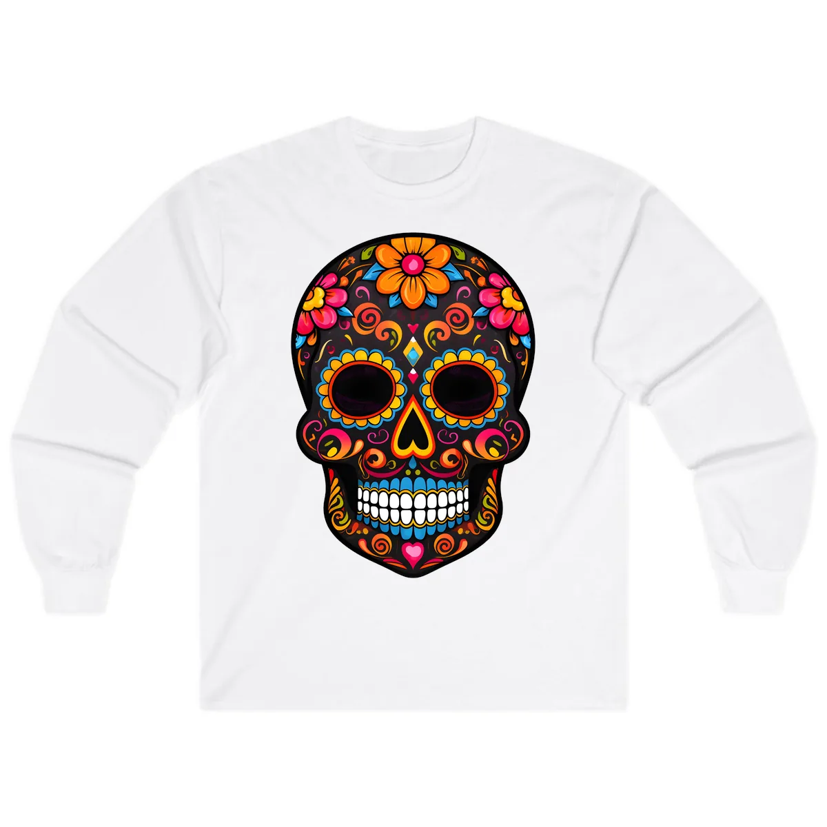 Intricate Folk Art Sugar Skull with Vibrant Flowers Long Sleeve in White