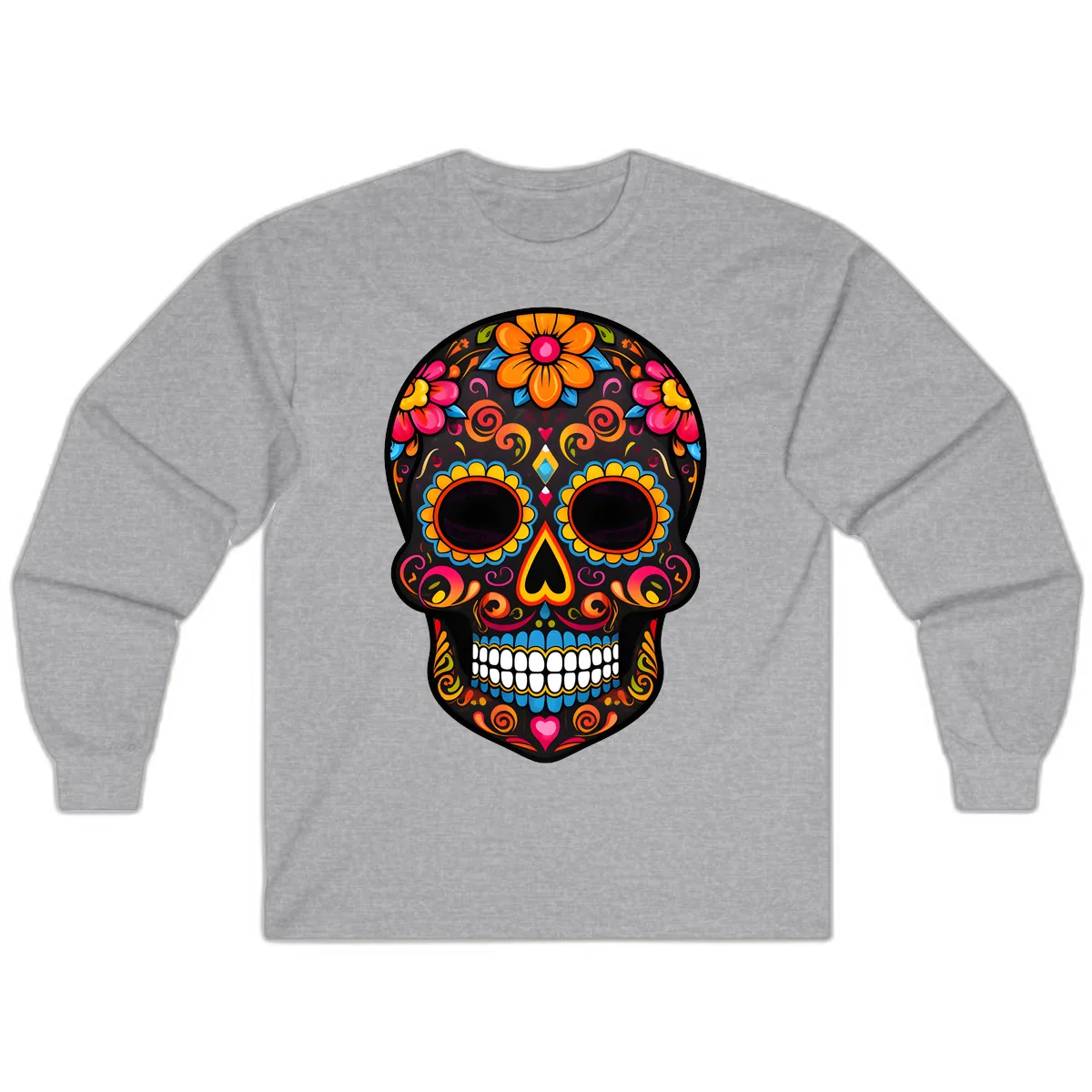 Intricate Folk Art Sugar Skull with Vibrant Flowers Long Sleeve in Sport Grey