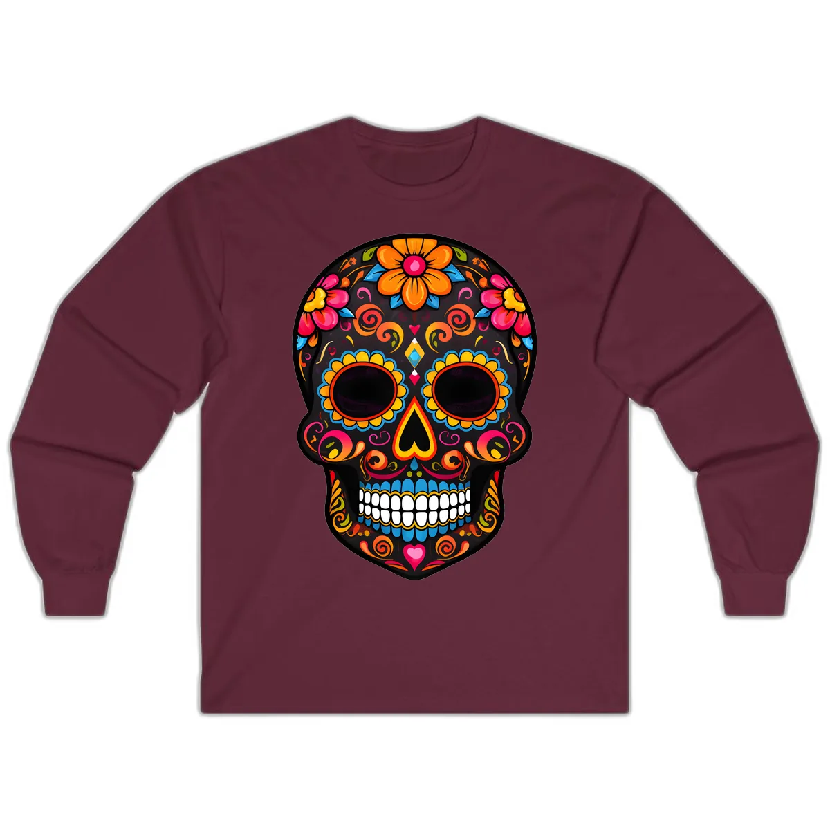Intricate Folk Art Sugar Skull with Vibrant Flowers Long Sleeve in Maroon