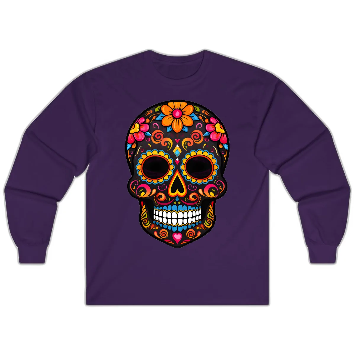 Intricate Folk Art Sugar Skull with Vibrant Flowers Long Sleeve in Purple