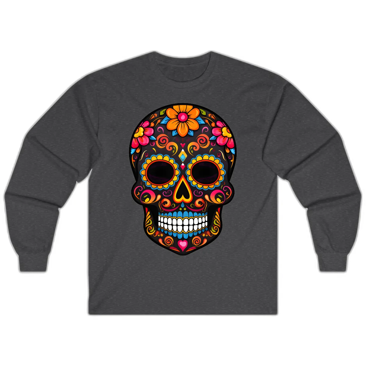 Intricate Folk Art Sugar Skull with Vibrant Flowers Long Sleeve in Dark Heather
