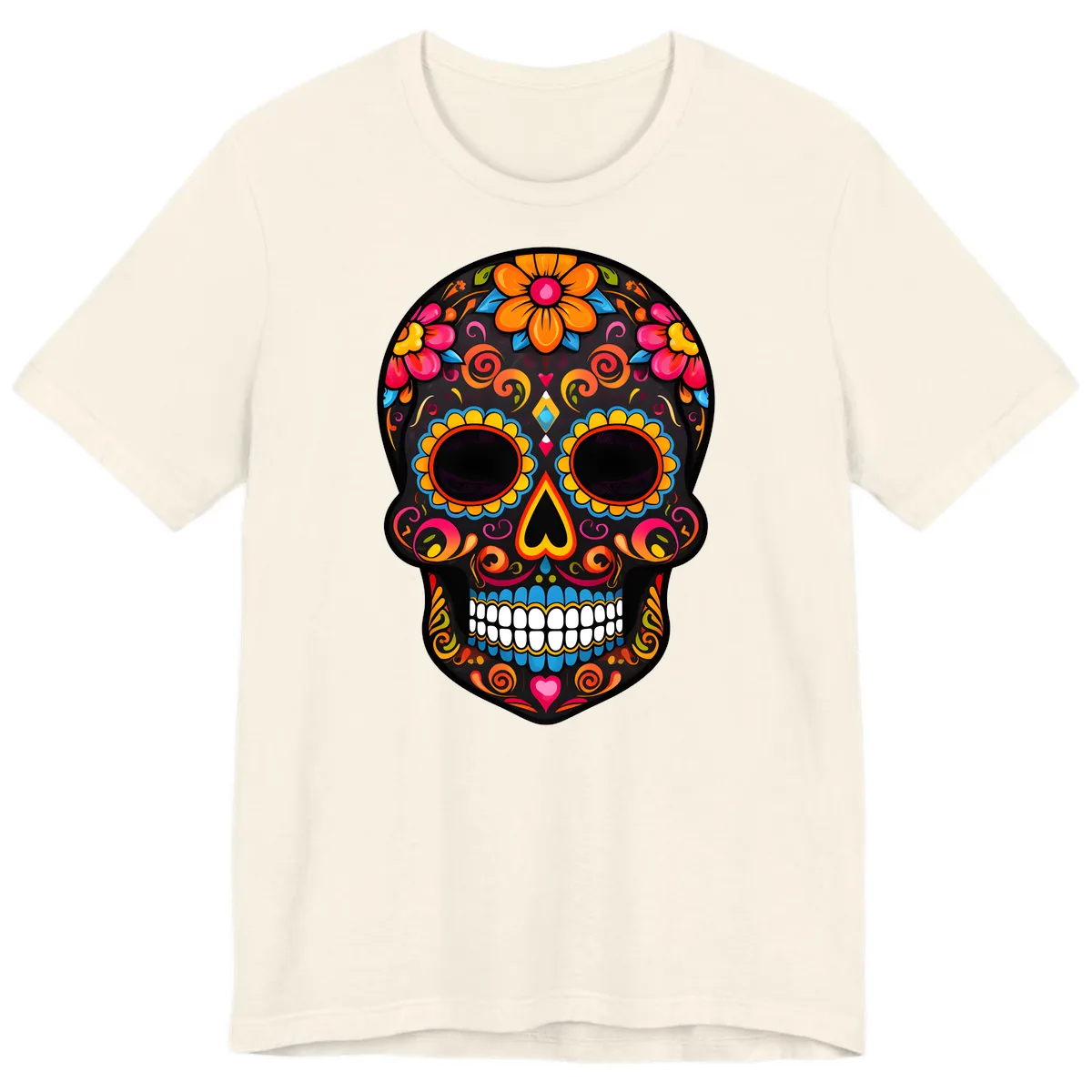 Intricate Folk Art Sugar Skull with Vibrant Flowers Premium T-Shirt in Natural