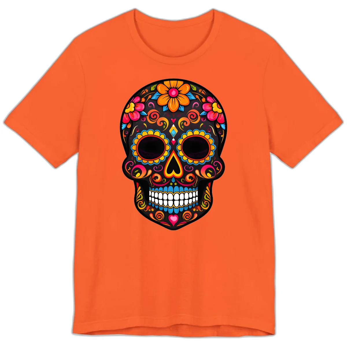 Intricate Folk Art Sugar Skull with Vibrant Flowers Premium T-Shirt in Orange