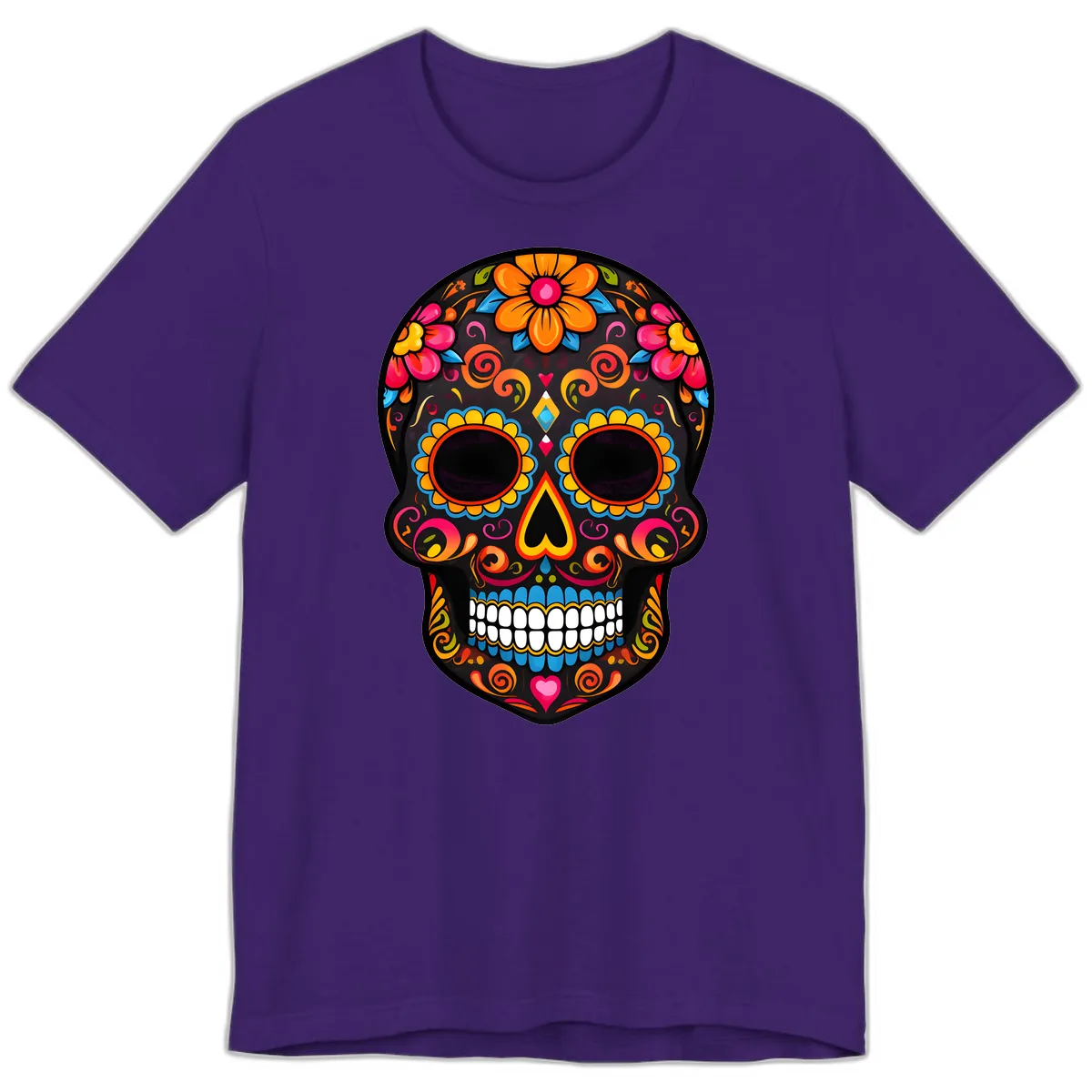 Intricate Folk Art Sugar Skull with Vibrant Flowers Premium T-Shirt in Team Purple