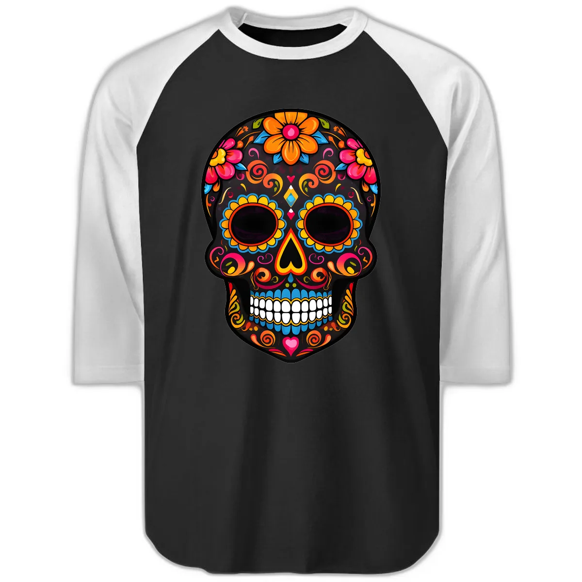 Intricate Folk Art Sugar Skull with Vibrant Flowers Raglan 3/4 in Black White