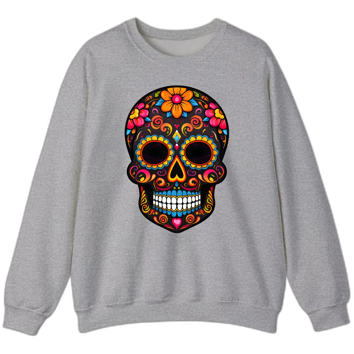 Intricate Folk Art Sugar Skull with Vibrant Flowers Sweatshirt in Sport Grey