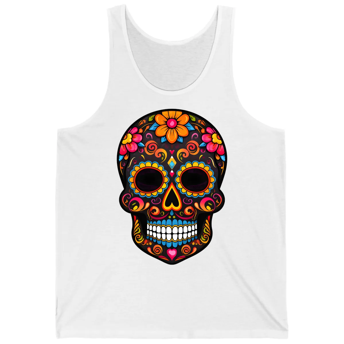Intricate Folk Art Sugar Skull with Vibrant Flowers Tank in White