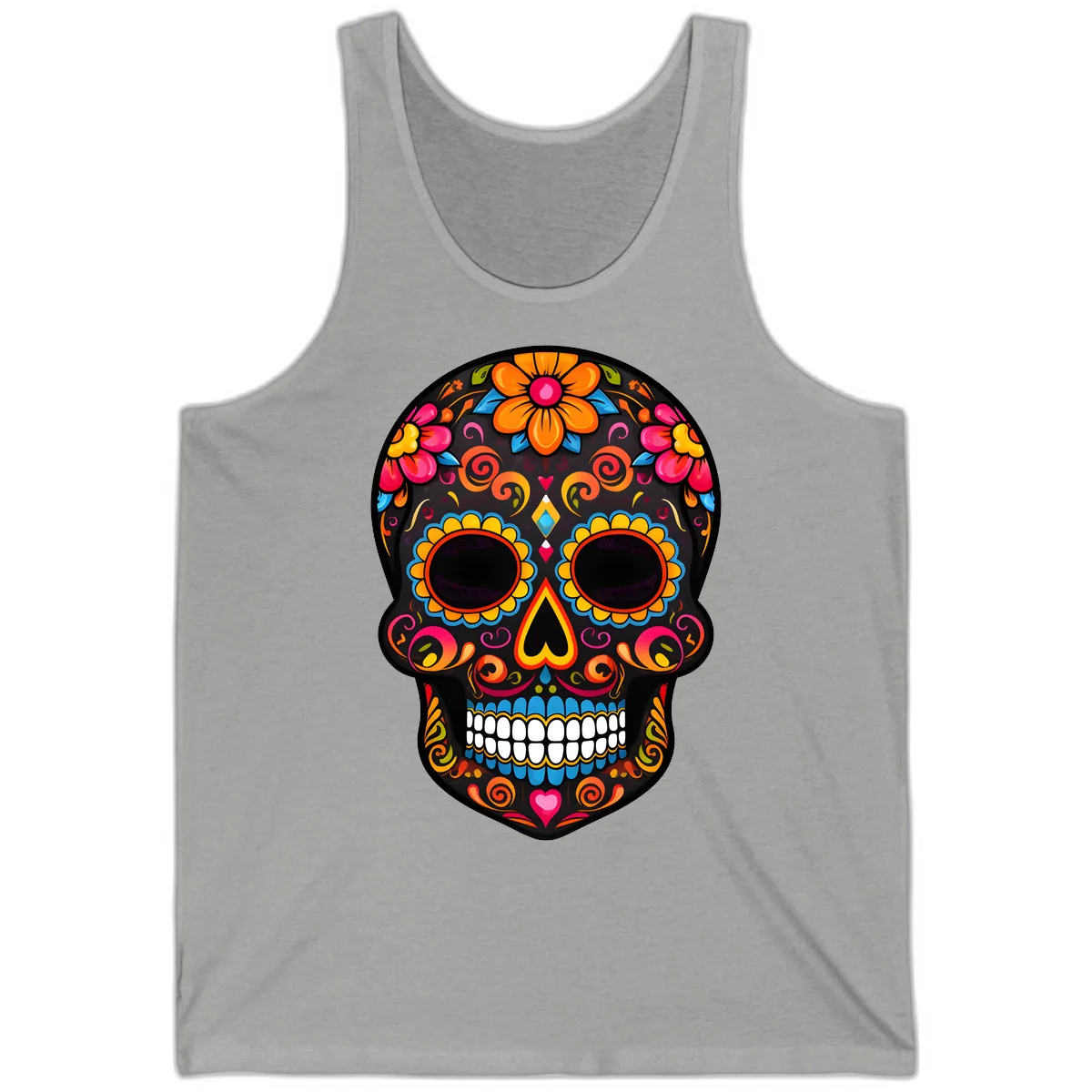 Intricate Folk Art Sugar Skull with Vibrant Flowers Tank in Athletic Heather