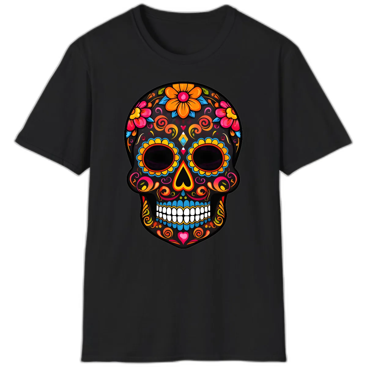 Intricate Folk Art Sugar Skull with Vibrant Flowers T-Shirt in Black