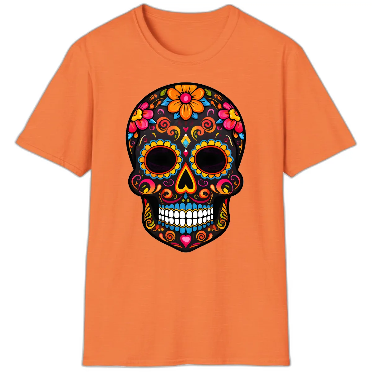 Intricate Folk Art Sugar Skull with Vibrant Flowers T-Shirt in Heather Orange