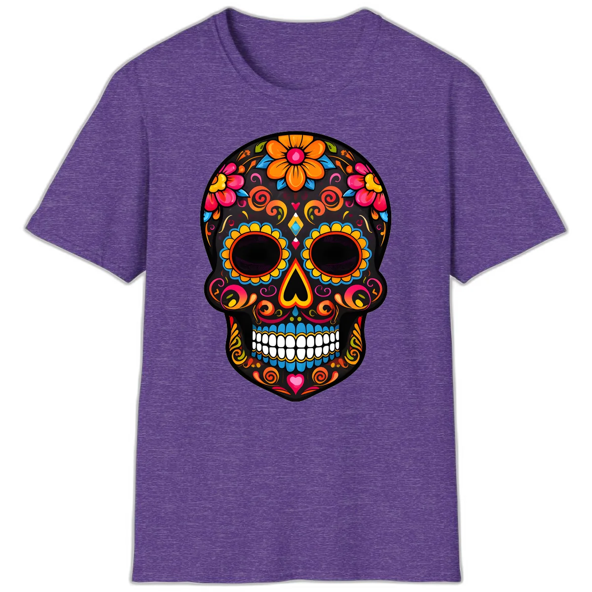 Intricate Folk Art Sugar Skull with Vibrant Flowers T-Shirt in Heather Purple