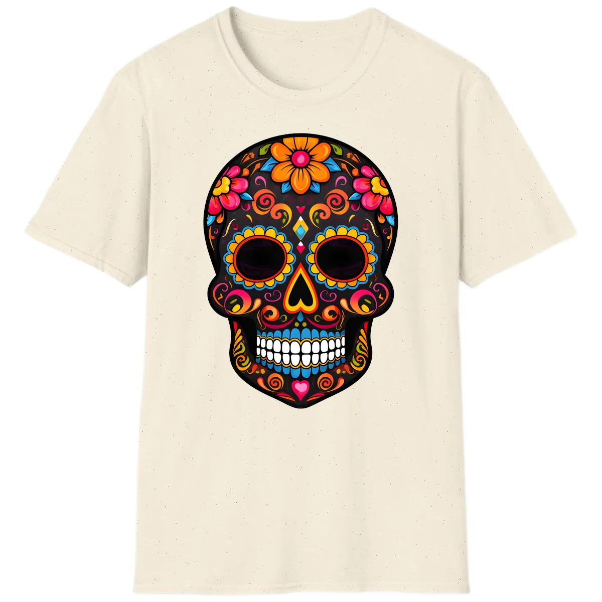 Intricate Folk Art Sugar Skull with Vibrant Flowers T-Shirt in Natural