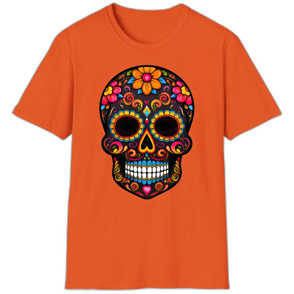 Intricate Folk Art Sugar Skull with Vibrant Flowers T-Shirt in Orange