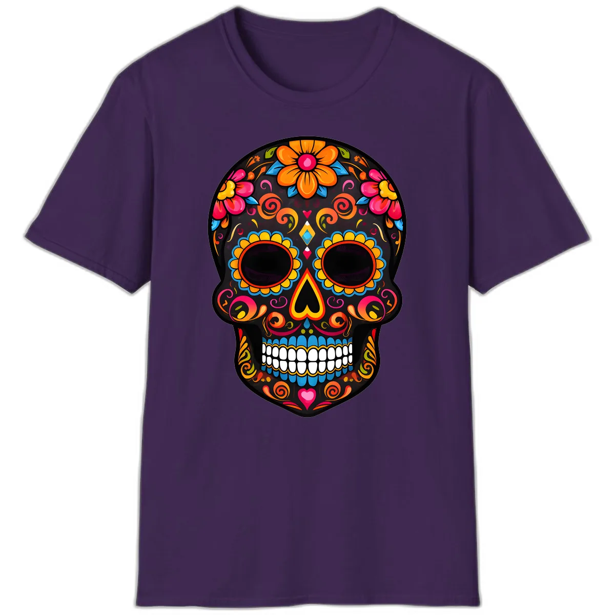 Intricate Folk Art Sugar Skull with Vibrant Flowers T-Shirt in Purple