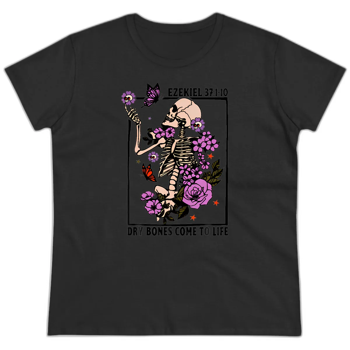 Dry Bones Come to Life Skeleton Art Ladies Tee in Black