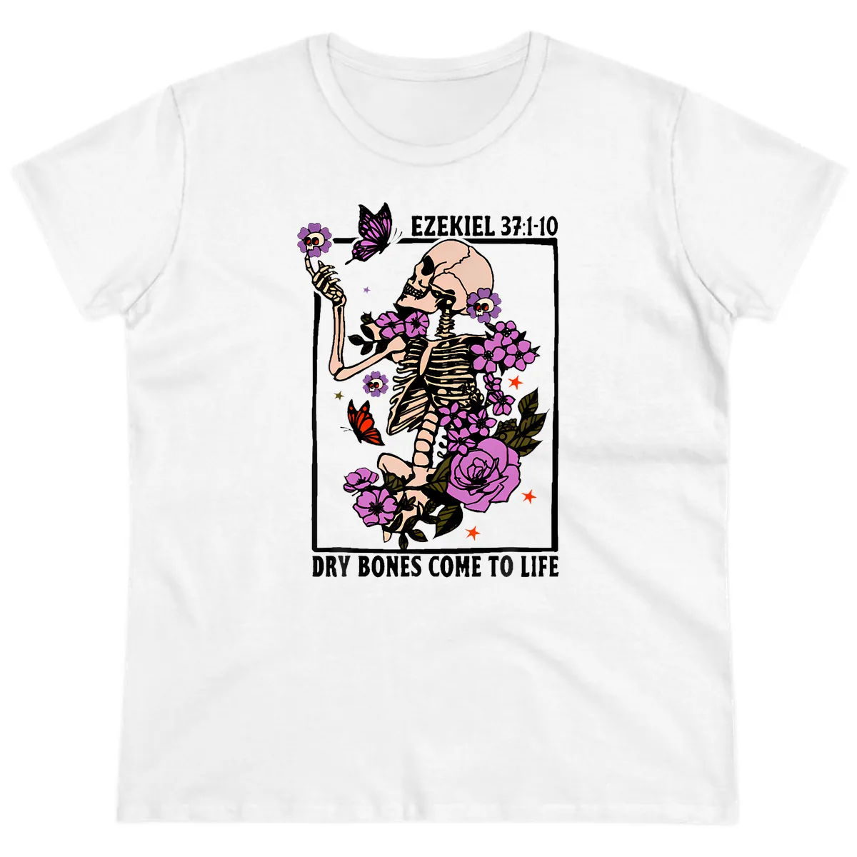 Dry Bones Come to Life Skeleton Art Ladies Tee in White