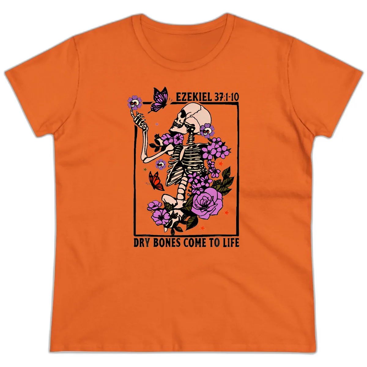 Dry Bones Come to Life Skeleton Art Ladies Tee in Orange