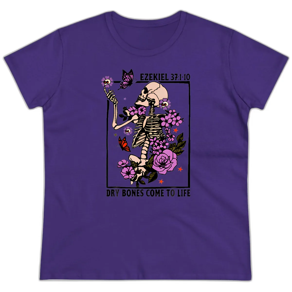Dry Bones Come to Life Skeleton Art Ladies Tee in Purple
