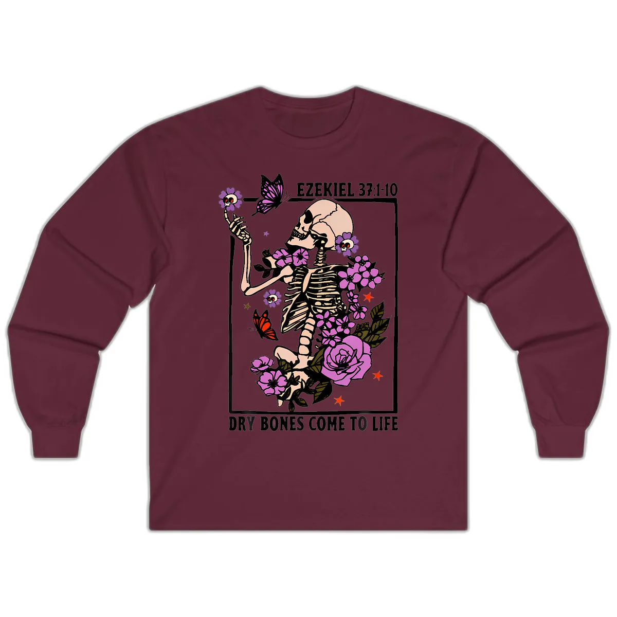 Dry Bones Come to Life Skeleton Art Long Sleeve in Maroon