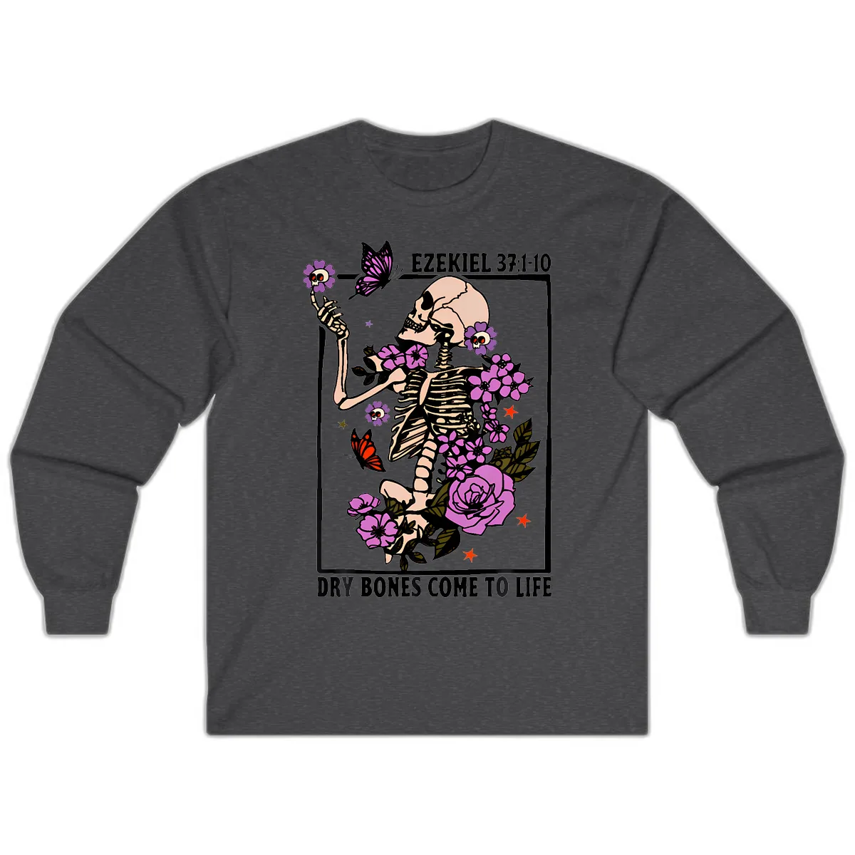 Dry Bones Come to Life Skeleton Art Long Sleeve in Dark Heather