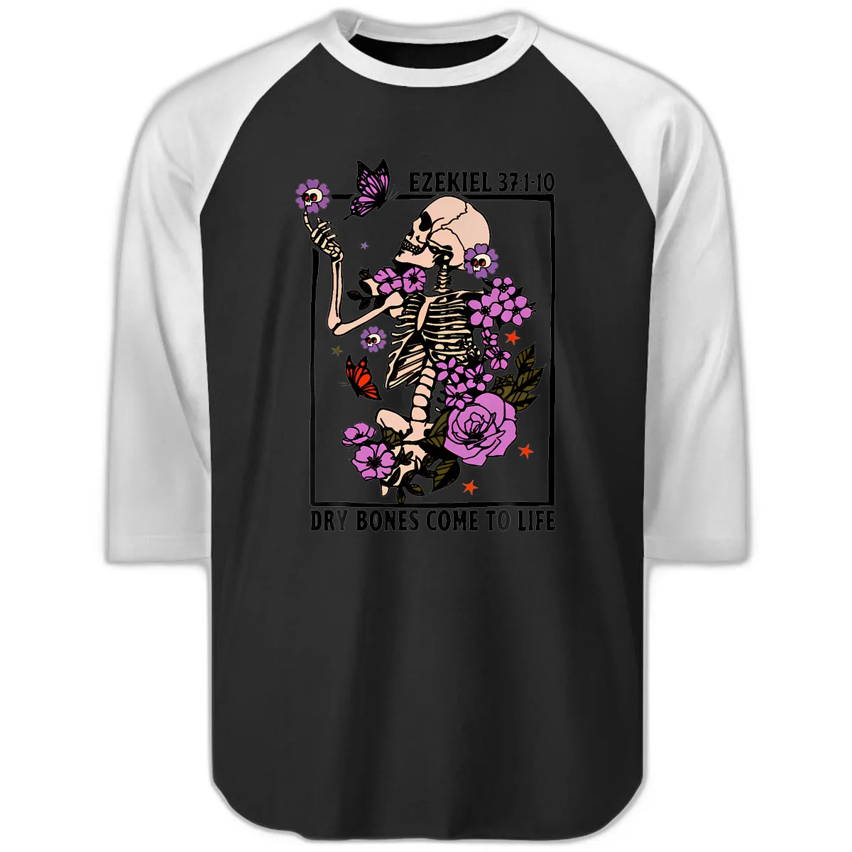 Dry Bones Come to Life Skeleton Art Raglan 3/4 in Black White