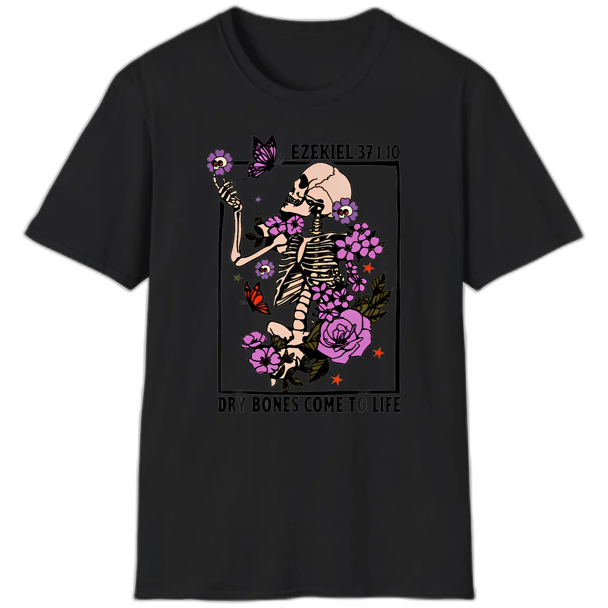 Dry Bones Come to Life Skeleton Art T-Shirt in Black