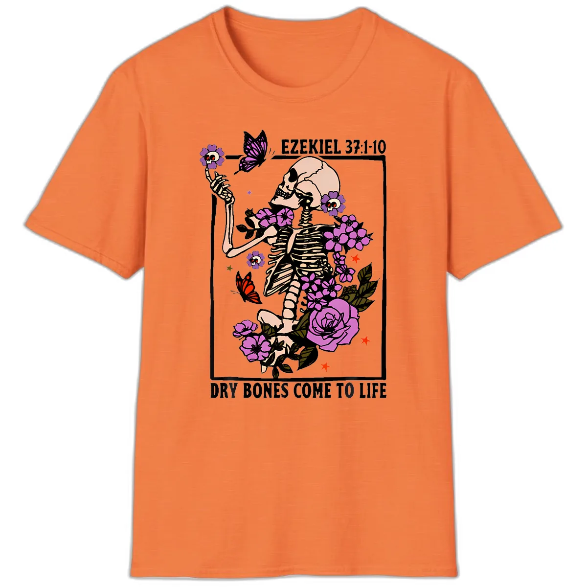 Dry Bones Come to Life Skeleton Art T-Shirt in Heather Orange