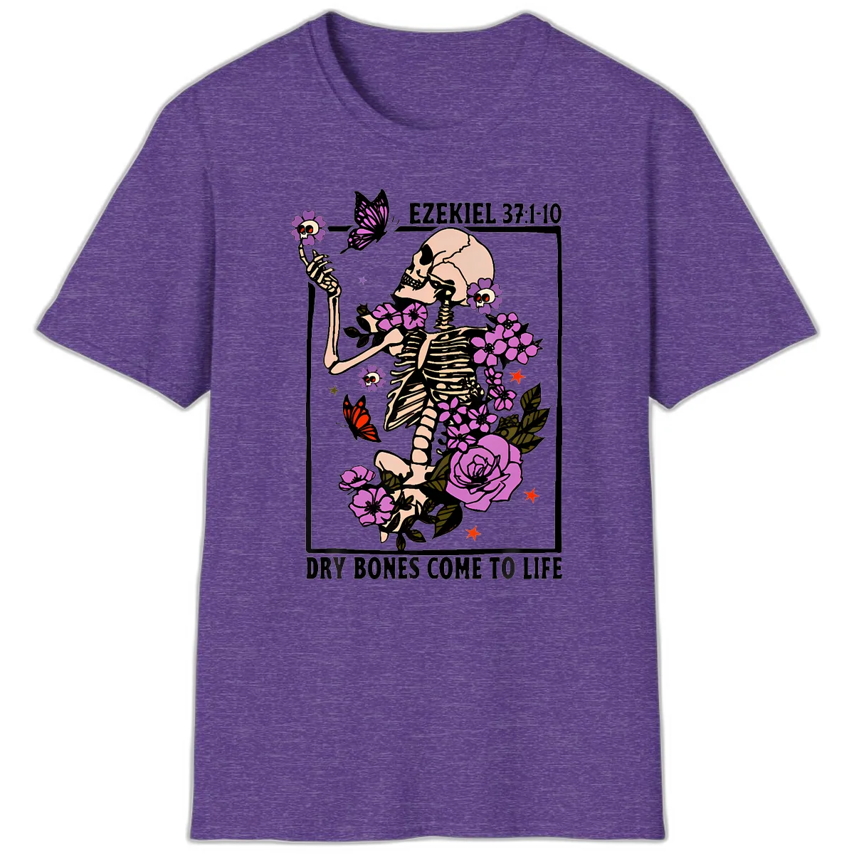 Dry Bones Come to Life Skeleton Art T-Shirt in Heather Purple