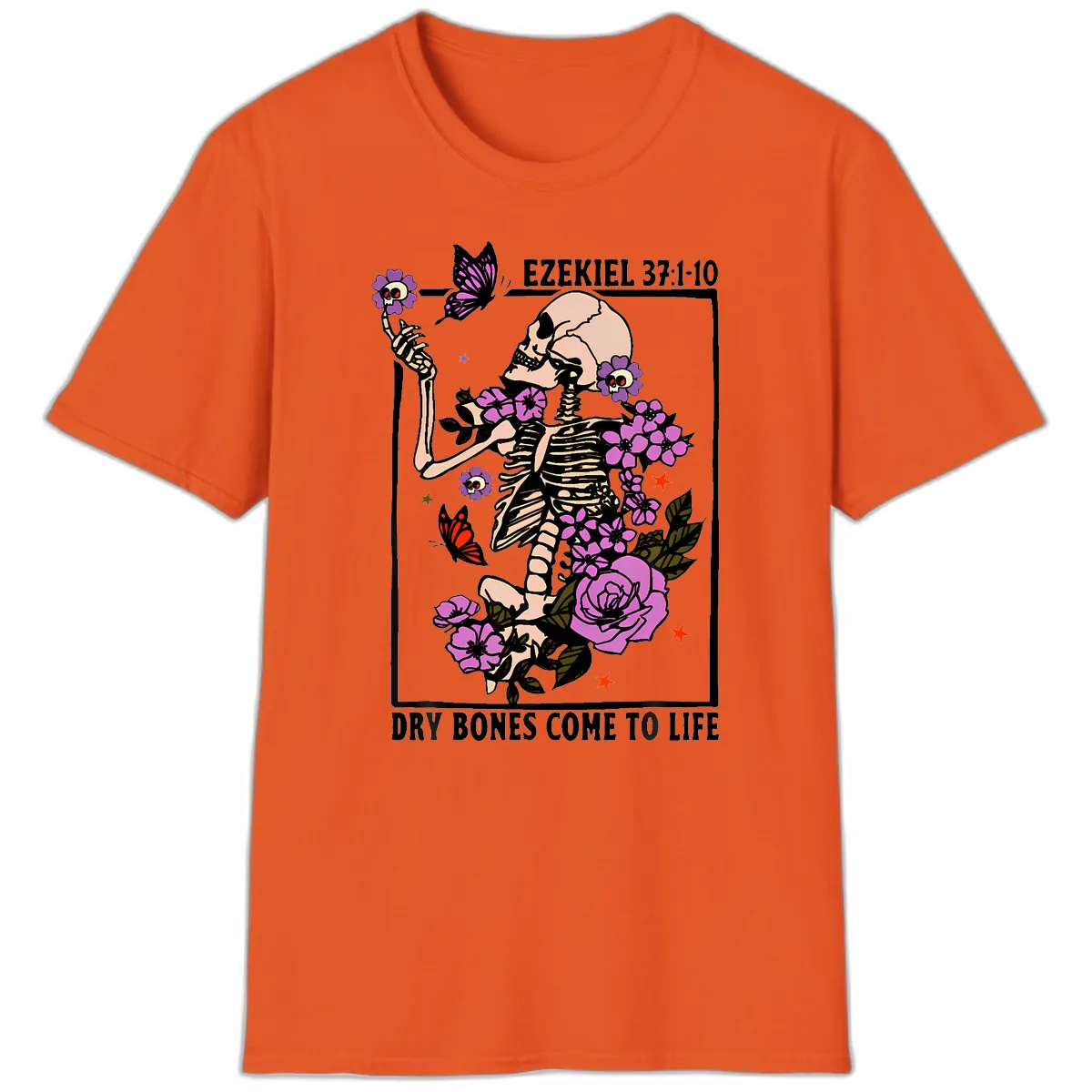 Dry Bones Come to Life Skeleton Art T-Shirt in Orange