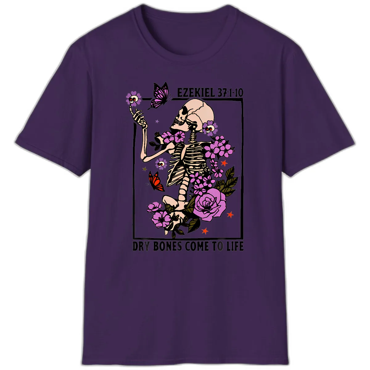 Dry Bones Come to Life Skeleton Art T-Shirt in Purple