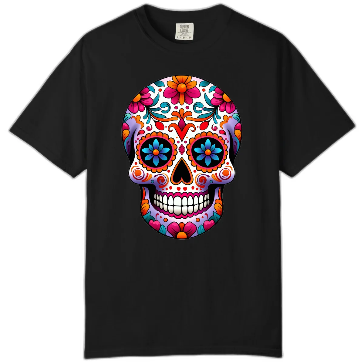 Ornate Floral Calavera with Vibrant Sugar Skull Details Comfort Color in Black