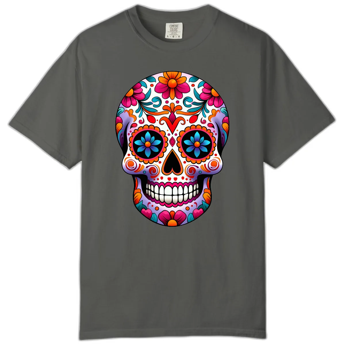 Ornate Floral Calavera with Vibrant Sugar Skull Details Comfort Color in Pepper