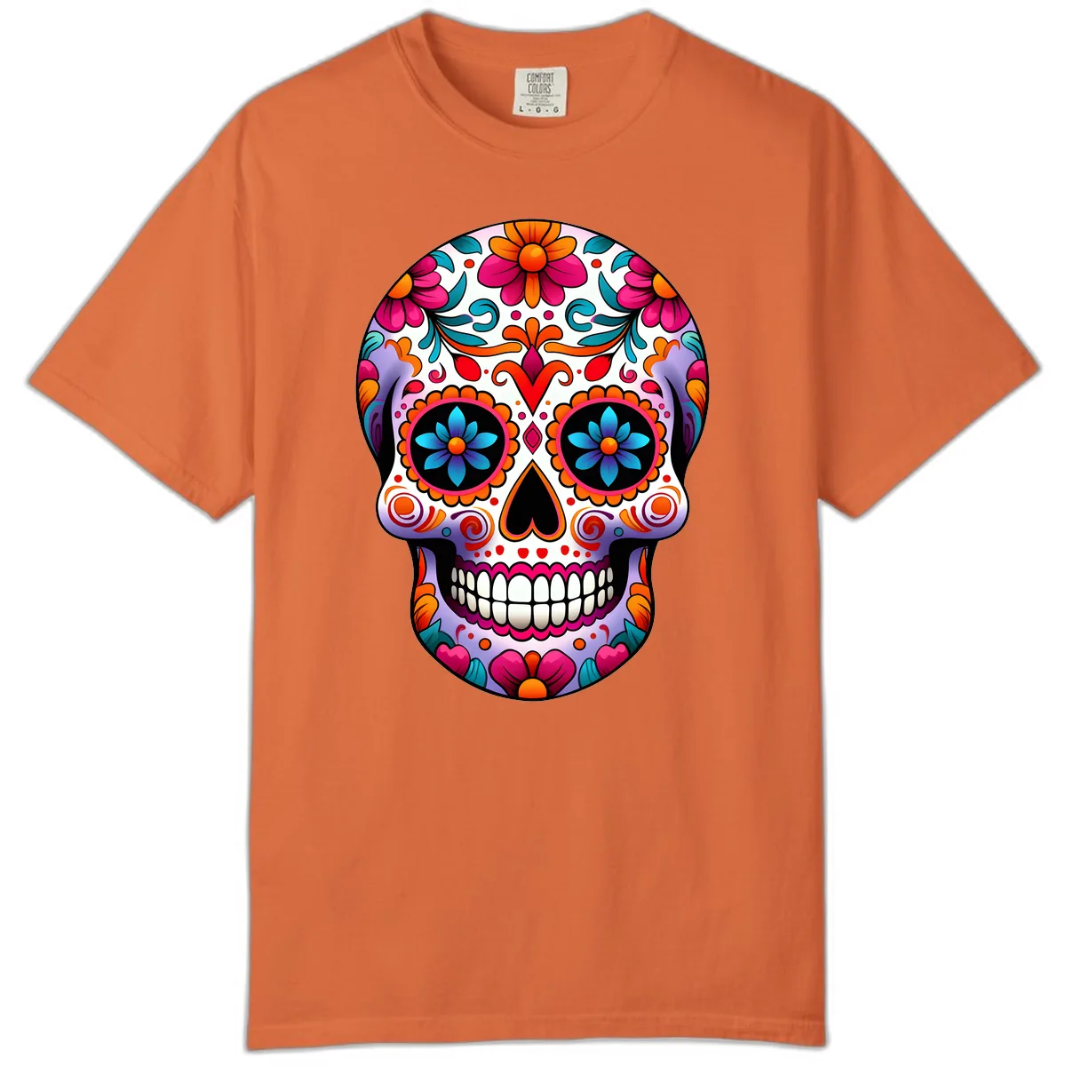 Ornate Floral Calavera with Vibrant Sugar Skull Details Comfort Color in Burnt Orange