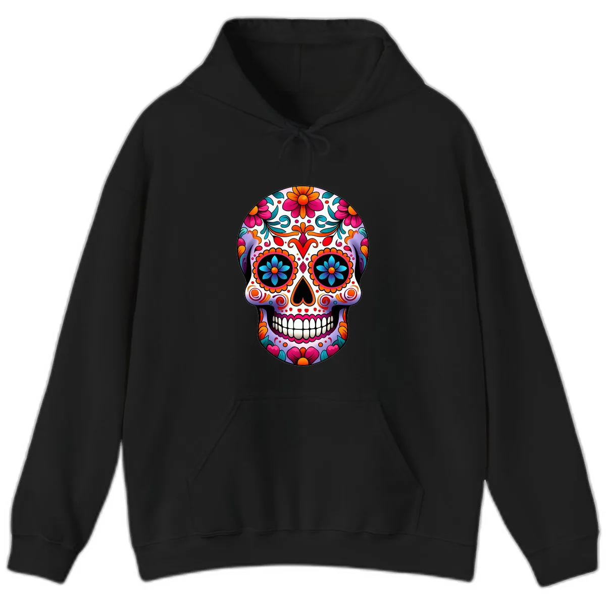 Ornate Floral Calavera with Vibrant Sugar Skull Details Hoodie in Black