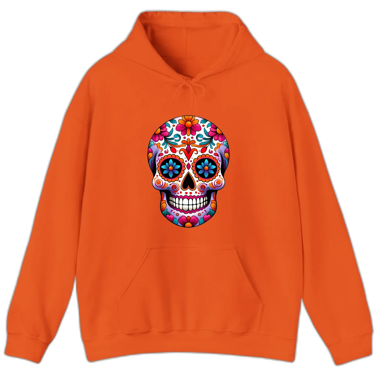 Ornate Floral Calavera with Vibrant Sugar Skull Details Hoodie in Orange