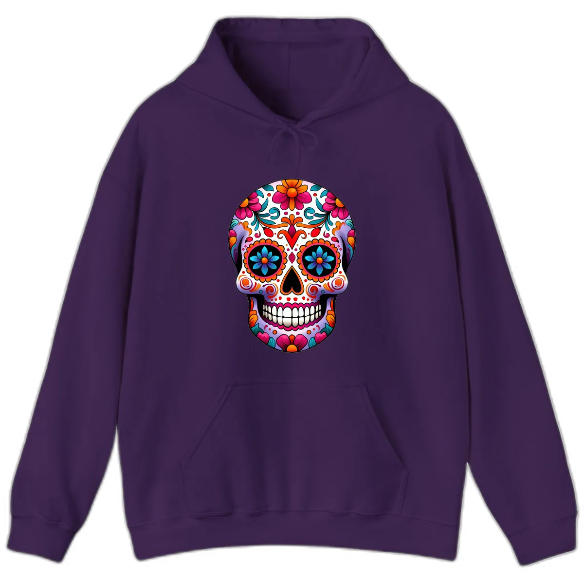 Ornate Floral Calavera with Vibrant Sugar Skull Details Hoodie in Purple