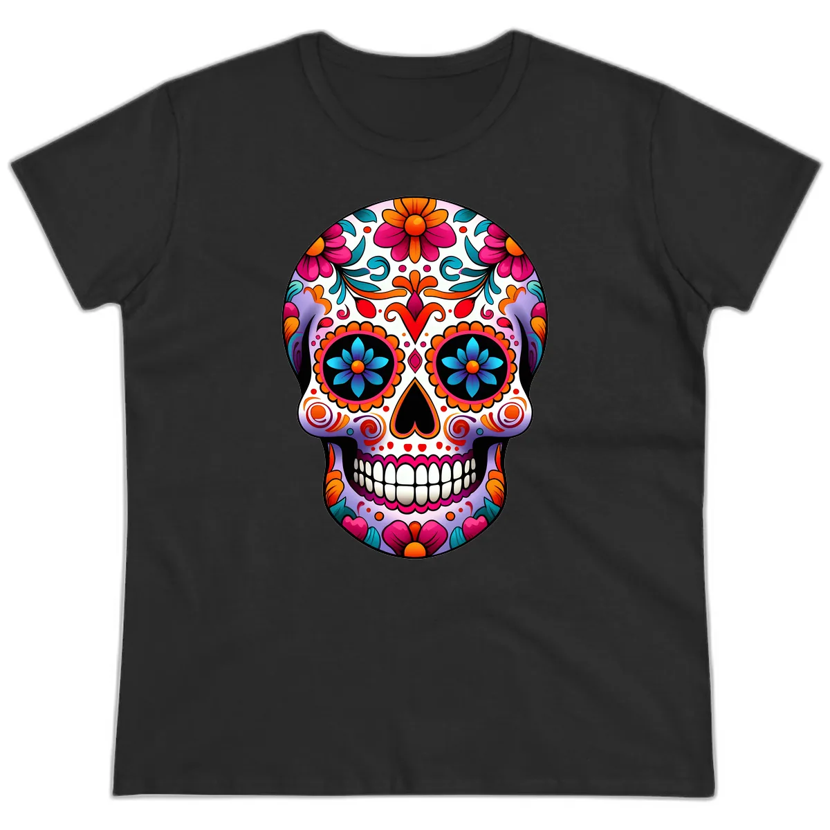 Ornate Floral Calavera with Vibrant Sugar Skull Details Ladies Tee in Black