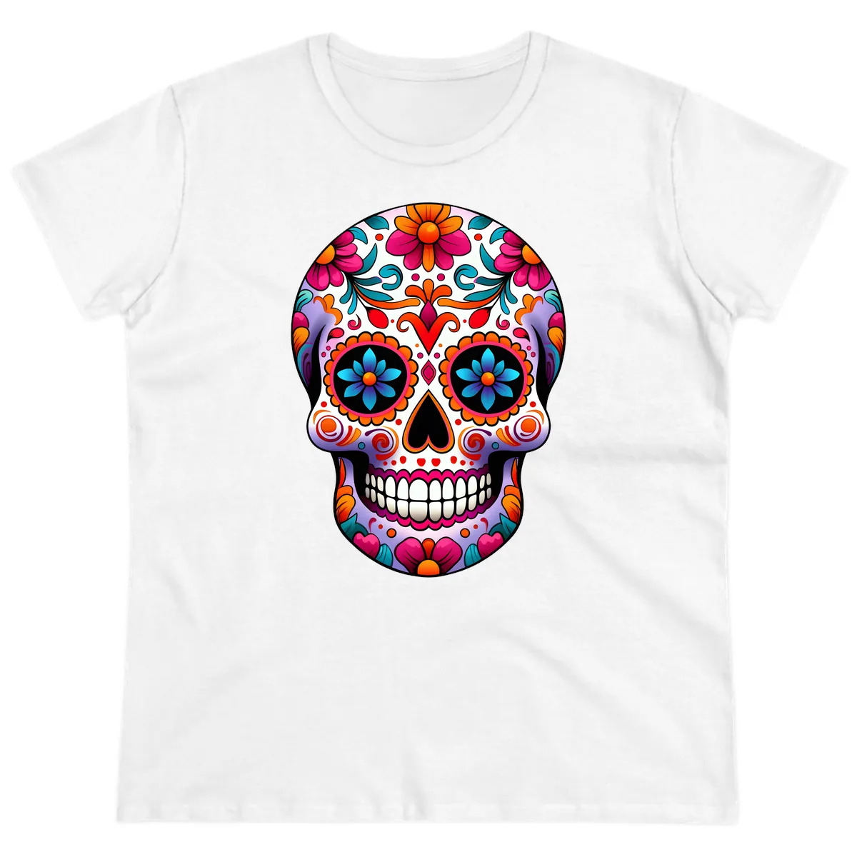 Ornate Floral Calavera with Vibrant Sugar Skull Details Ladies Tee in White