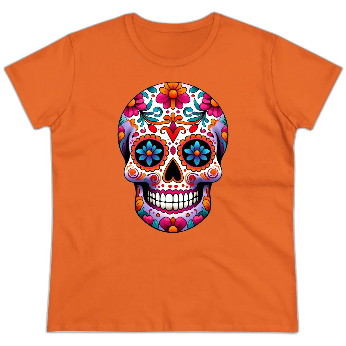Ornate Floral Calavera with Vibrant Sugar Skull Details Ladies Tee in Orange