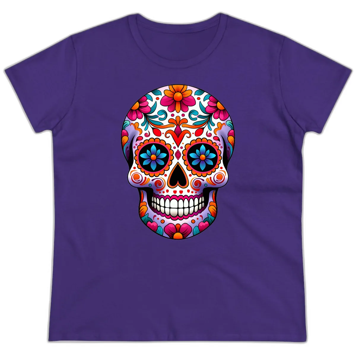 Ornate Floral Calavera with Vibrant Sugar Skull Details Ladies Tee in Purple