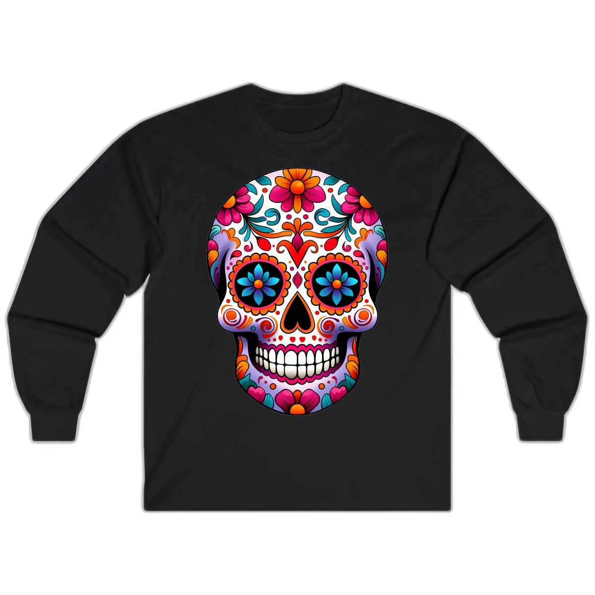 Ornate Floral Calavera with Vibrant Sugar Skull Details Long Sleeve in Black
